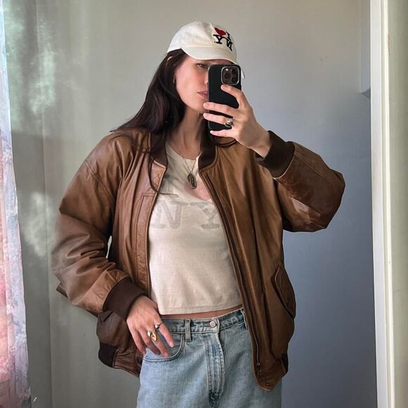 Vintage brown leather bomber jacket oversized‎ boyfriend coat - Picture 1 of 7